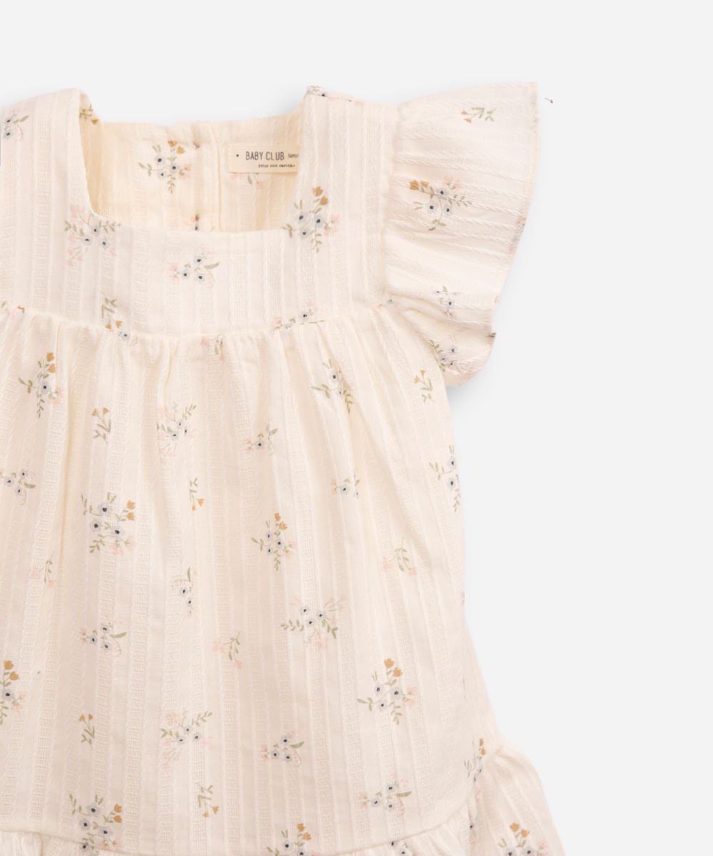 vestido midi infantil de algodão texturizado floral off white