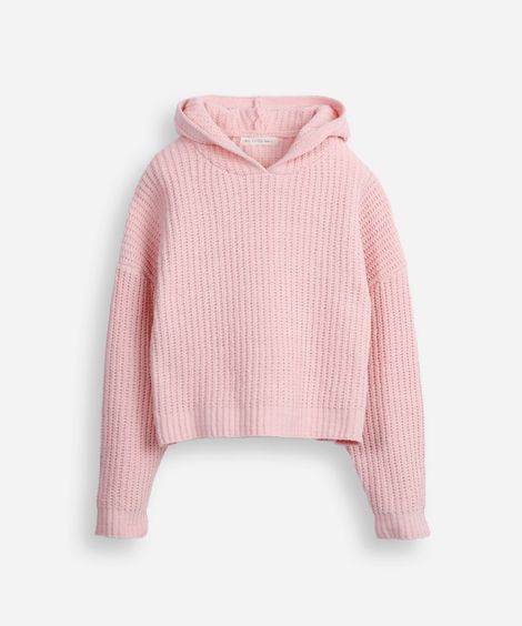blusão juvenil de tricot com capuz rosa