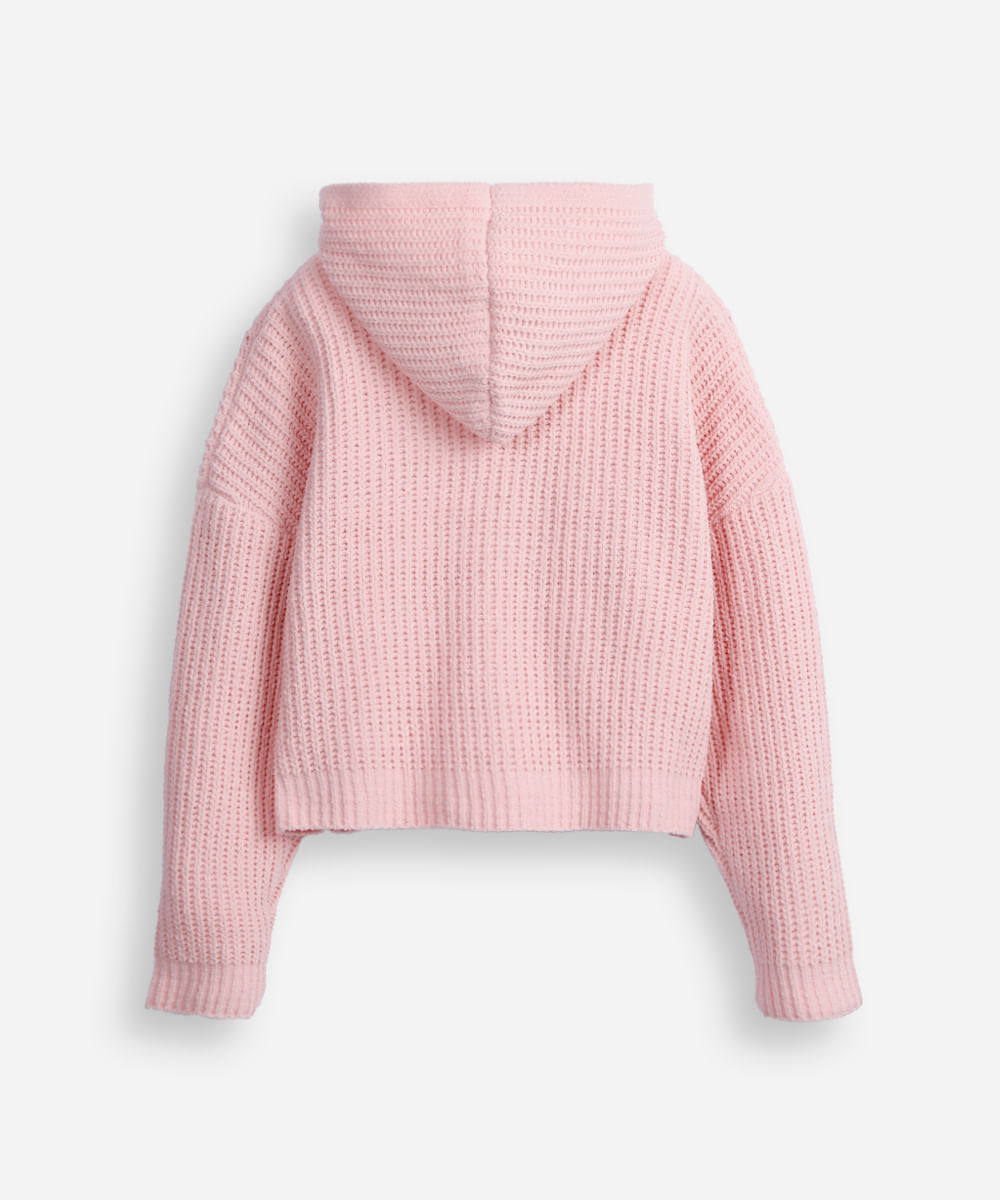 blusão juvenil de tricot com capuz rosa