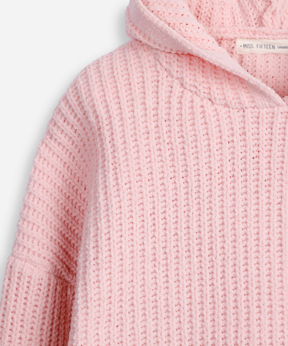 blusão juvenil de tricot com capuz rosa