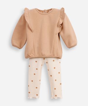 conjunto infantil longo de moletom com babado bege