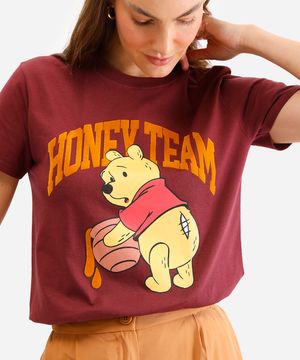 camiseta feminina de algodão pooh vinho