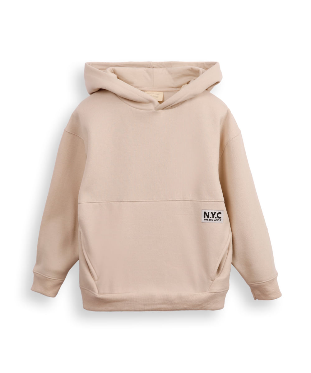 blusão de moletom infantil com capuz nyc bege