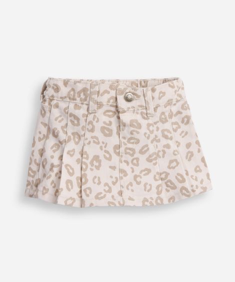 short saia plissada infantil de sarja animal print bege