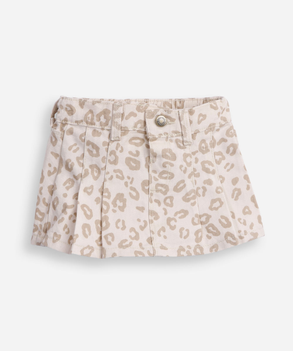 short saia plissada infantil de sarja animal print bege