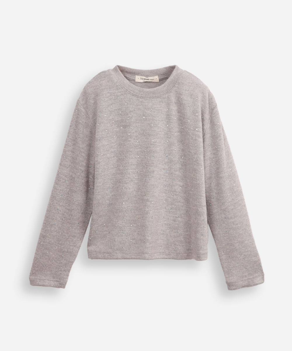 suéter de tricot infantil com strass cinza