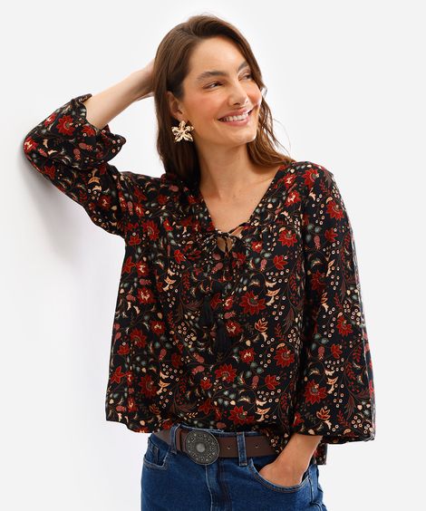 bata feminina de viscose manga bufante floral preta