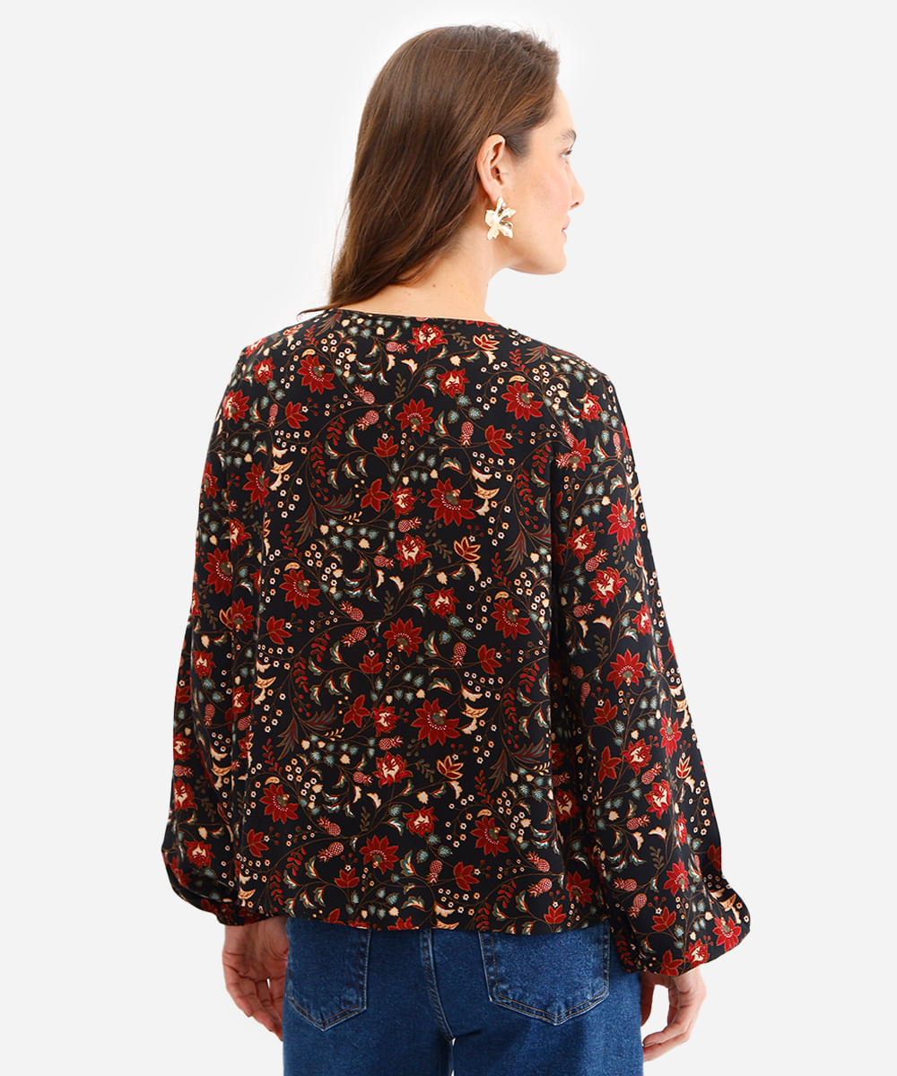 bata feminina de viscose manga bufante floral preta