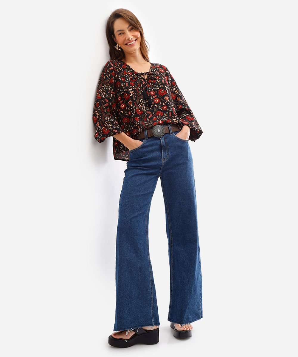 bata feminina de viscose manga bufante floral preta