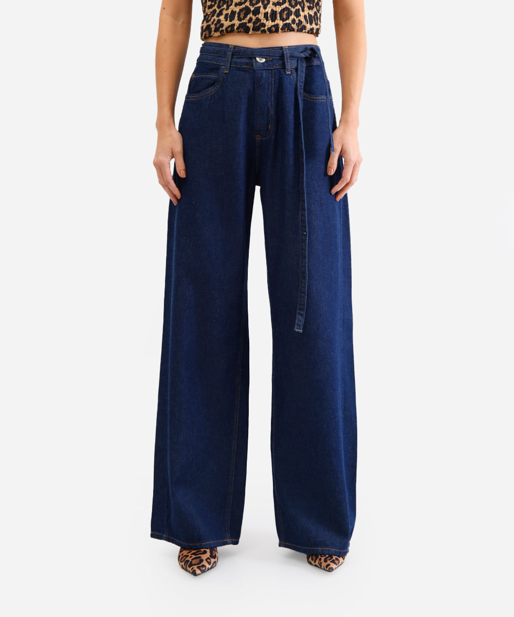 calça oversized feminina jeans cintura média azul