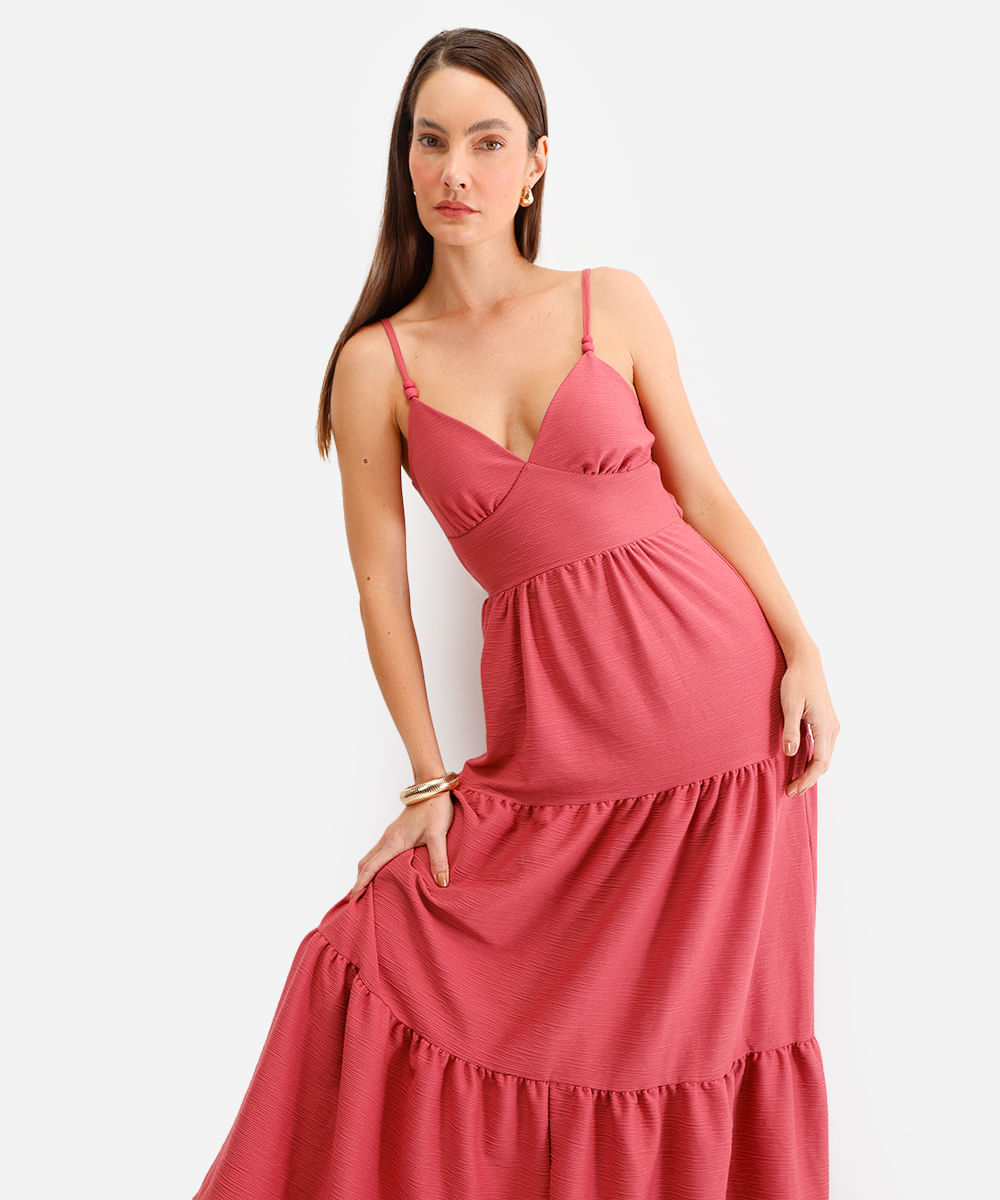 vestido longo decote nas costas texturizado - rosa escuro