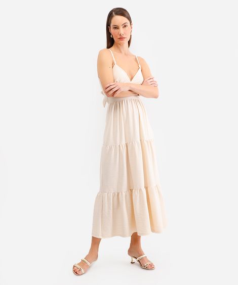 vestido alças finas decote nas costas texturizado bege