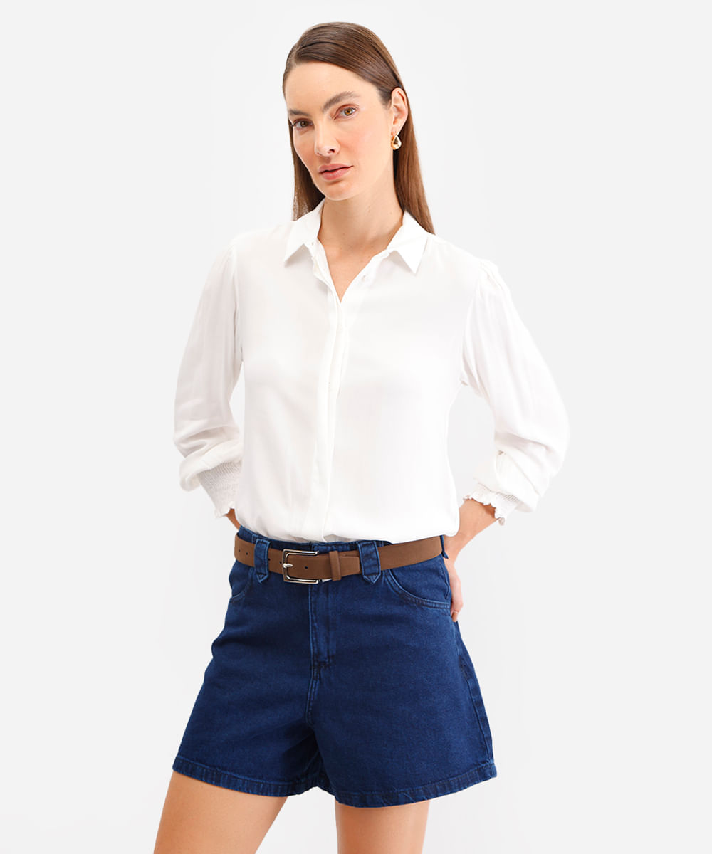short feminino jeans cintura alta azul
