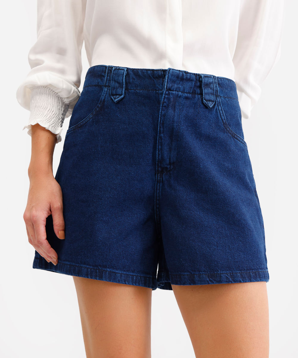 short feminino jeans cintura alta azul