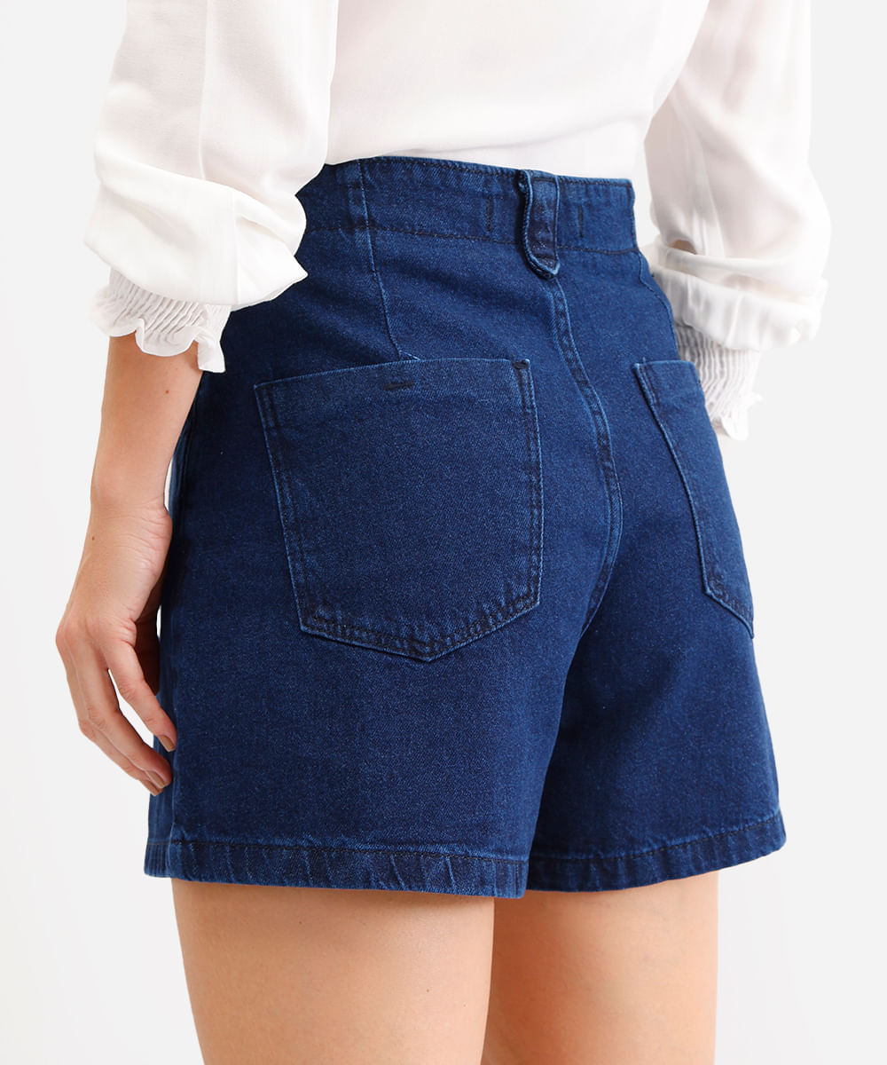 short feminino jeans cintura alta azul