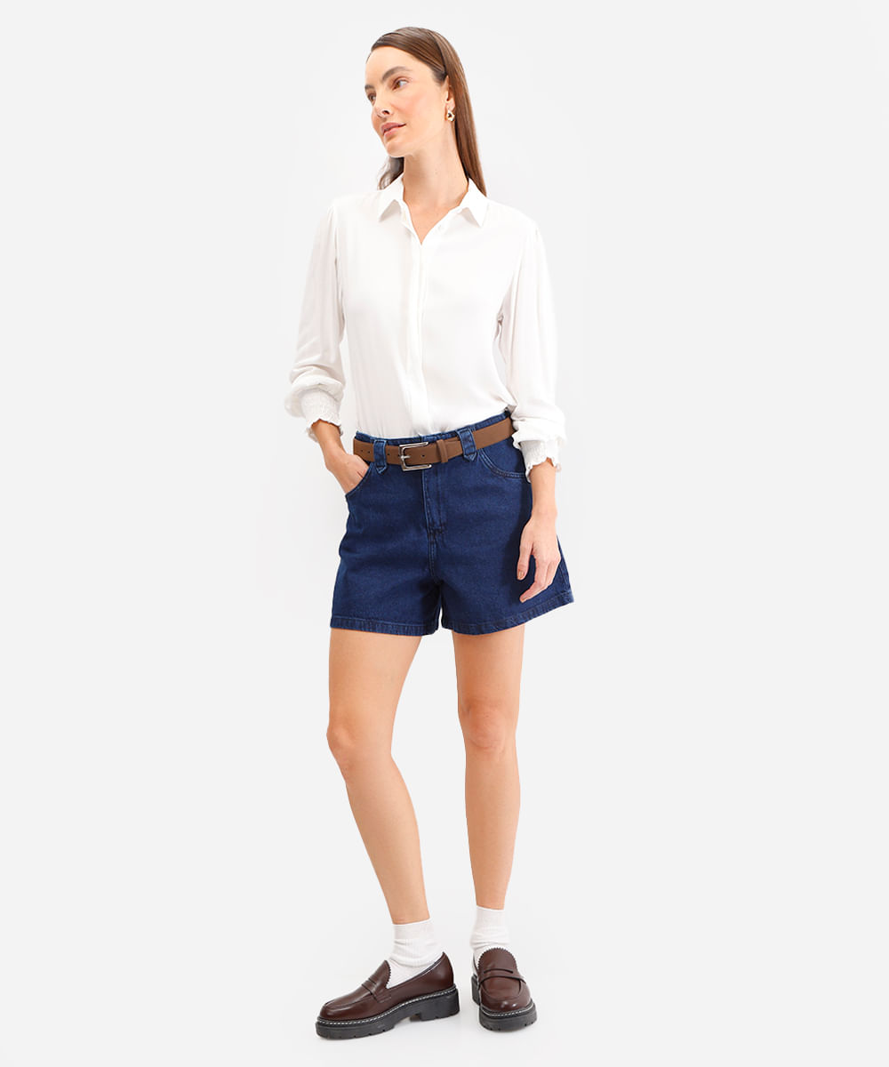 short feminino jeans cintura alta azul
