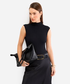 body feminino de poliamida gola alta canelado preto