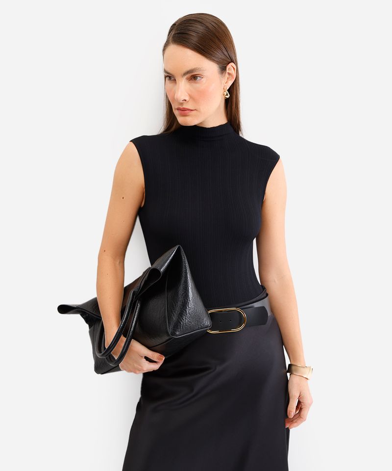 body feminino de poliamida gola alta canelado preto