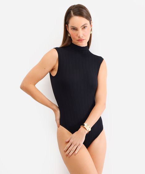 body feminino de poliamida gola alta canelado preto