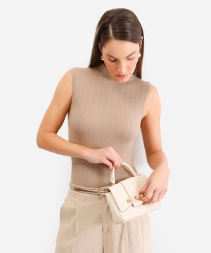 body feminino de poliamida gola alta canelado bege