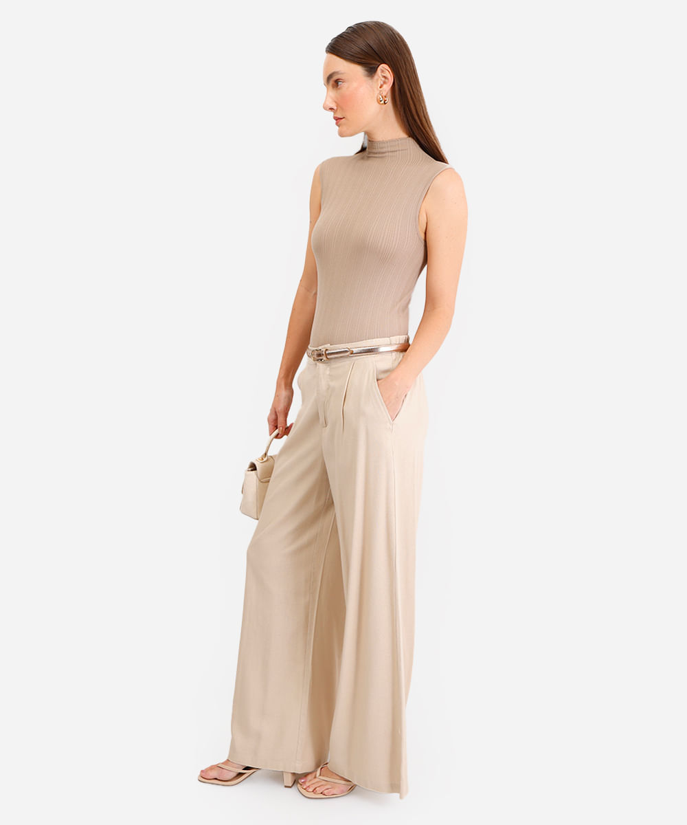 body feminino de poliamida gola alta canelado bege