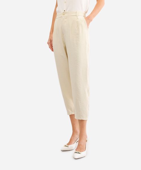 calça de alfaiataria feminina texturizada cós elástico bege