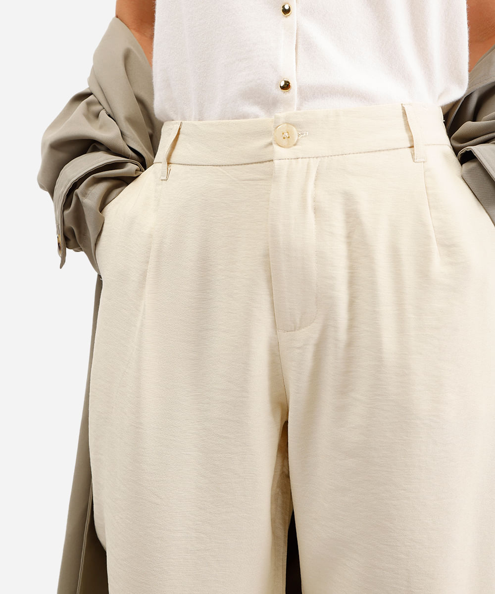 calça de alfaiataria feminina texturizada cós elástico bege
