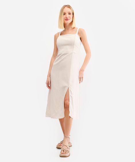 vestido midi feminino com linho e fenda bege