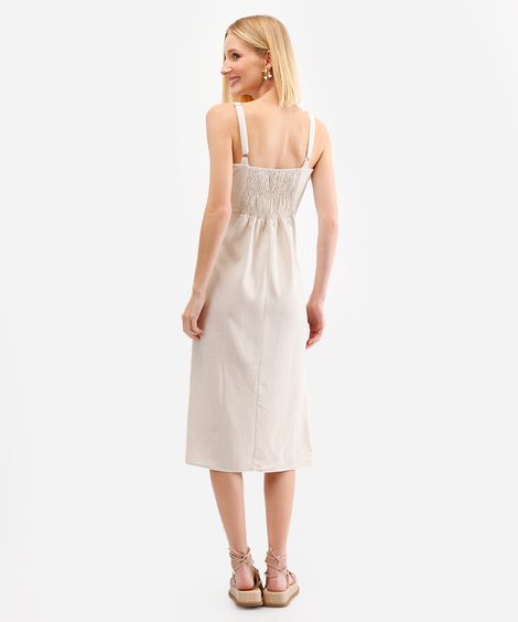 vestido midi feminino com linho e fenda bege