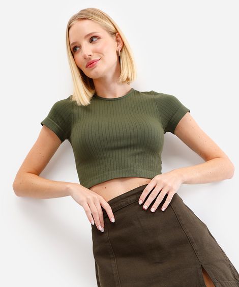 cropped básico feminino de poliamida canelado verde