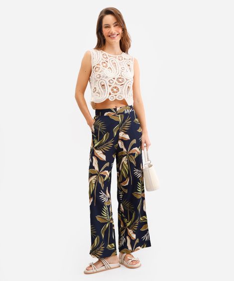 calça wide leg feminina folhagens texturizada azul