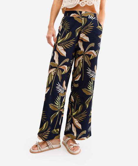 calça wide leg feminina folhagens texturizada azul