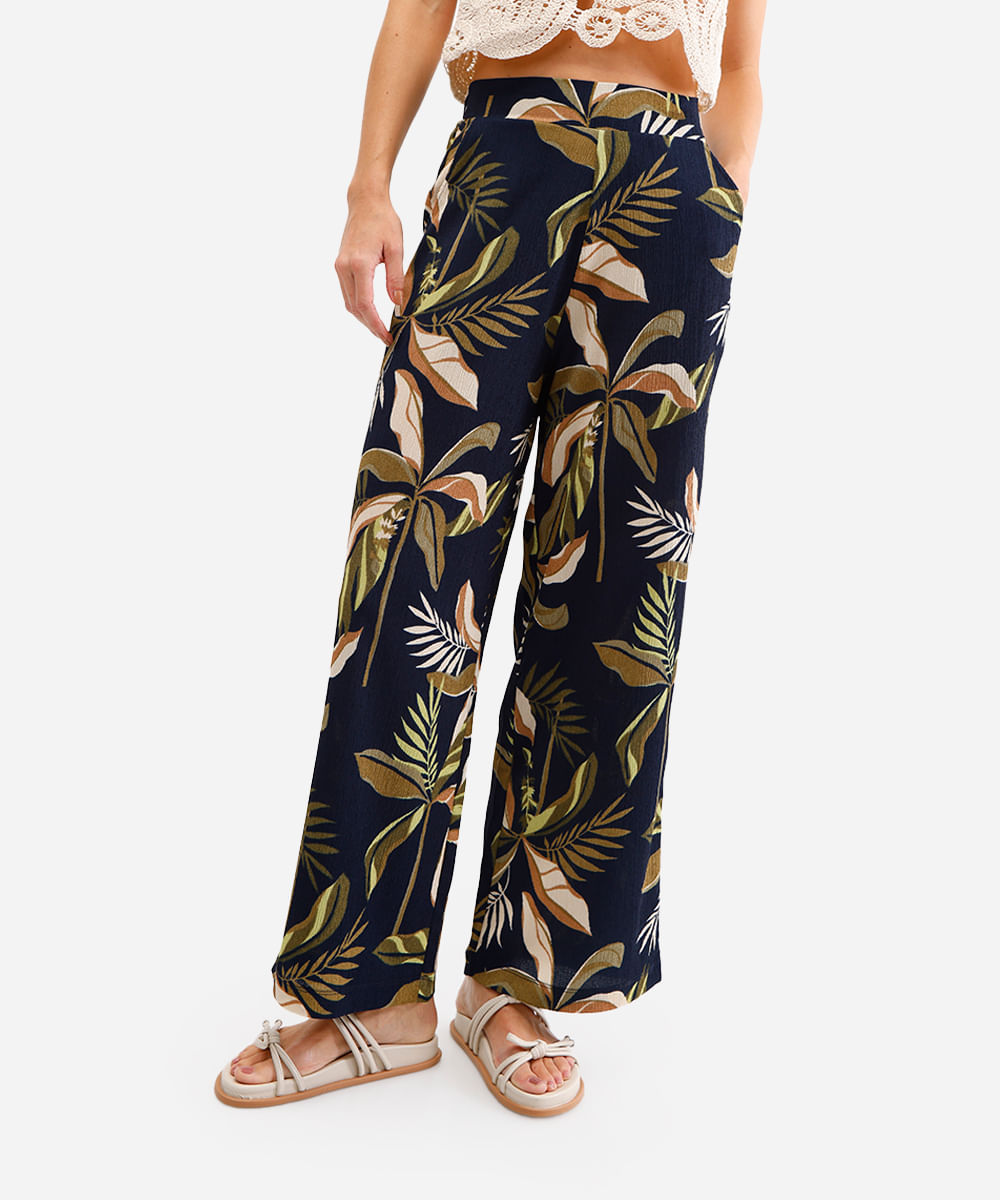 calça wide leg feminina folhagens texturizada azul