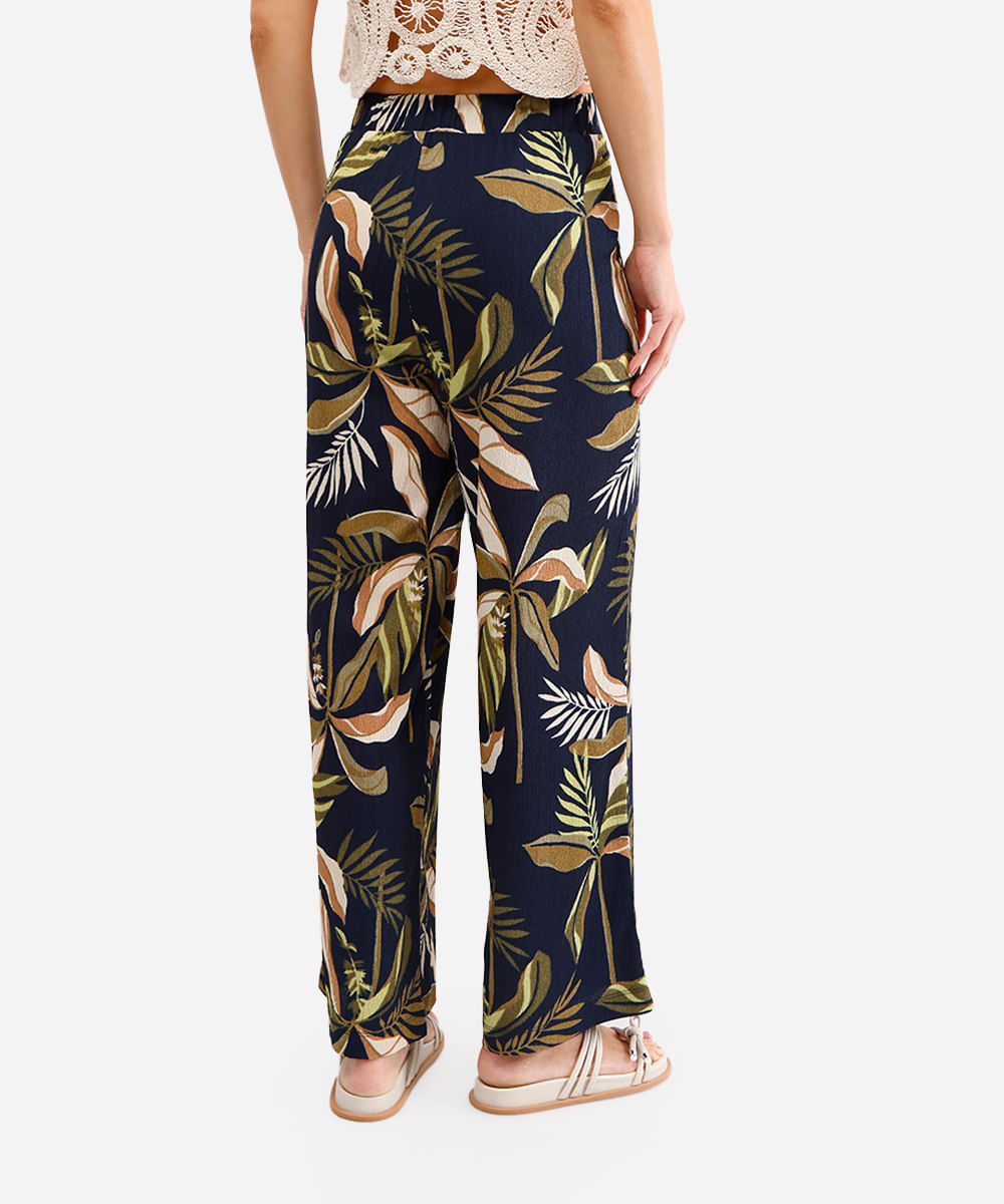calça wide leg feminina folhagens texturizada azul