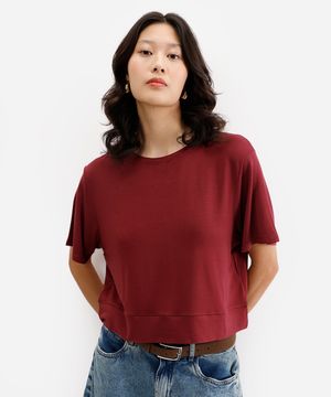 cropped básico feminino de viscose manga curta vinho