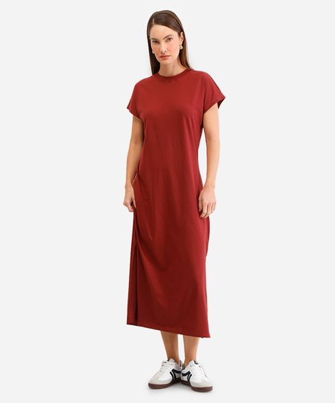 vestido de algodão básico com fenda longo vinho
