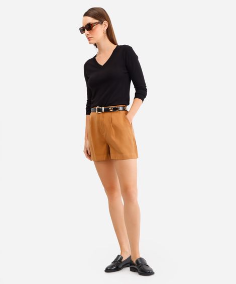 short de viscose alfaiataria cintura alta com elástico - bege medio