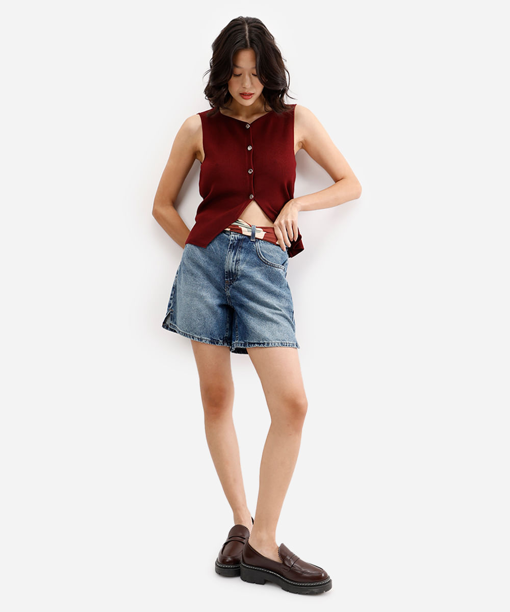 short feminino jeans com fenda azul