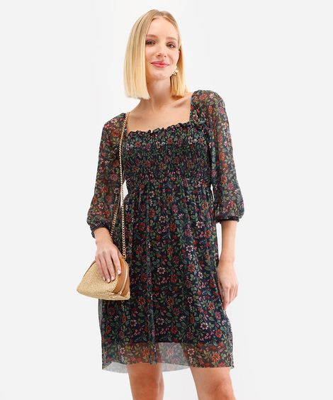 vestido curto feminino de tule manga bufante floral azul
