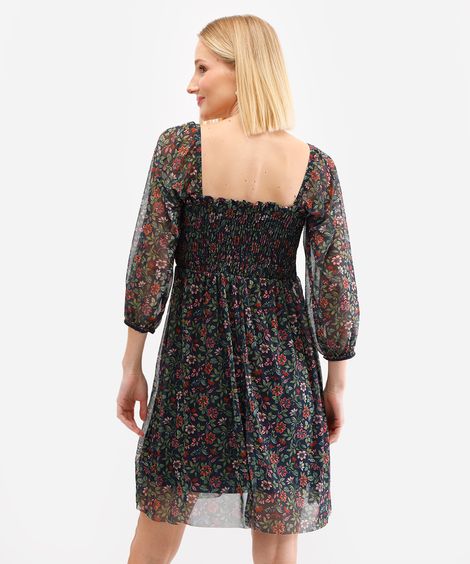 vestido curto feminino de tule manga bufante floral azul