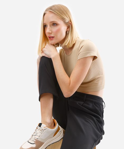 cropped básico feminino de poliamida canelado bege