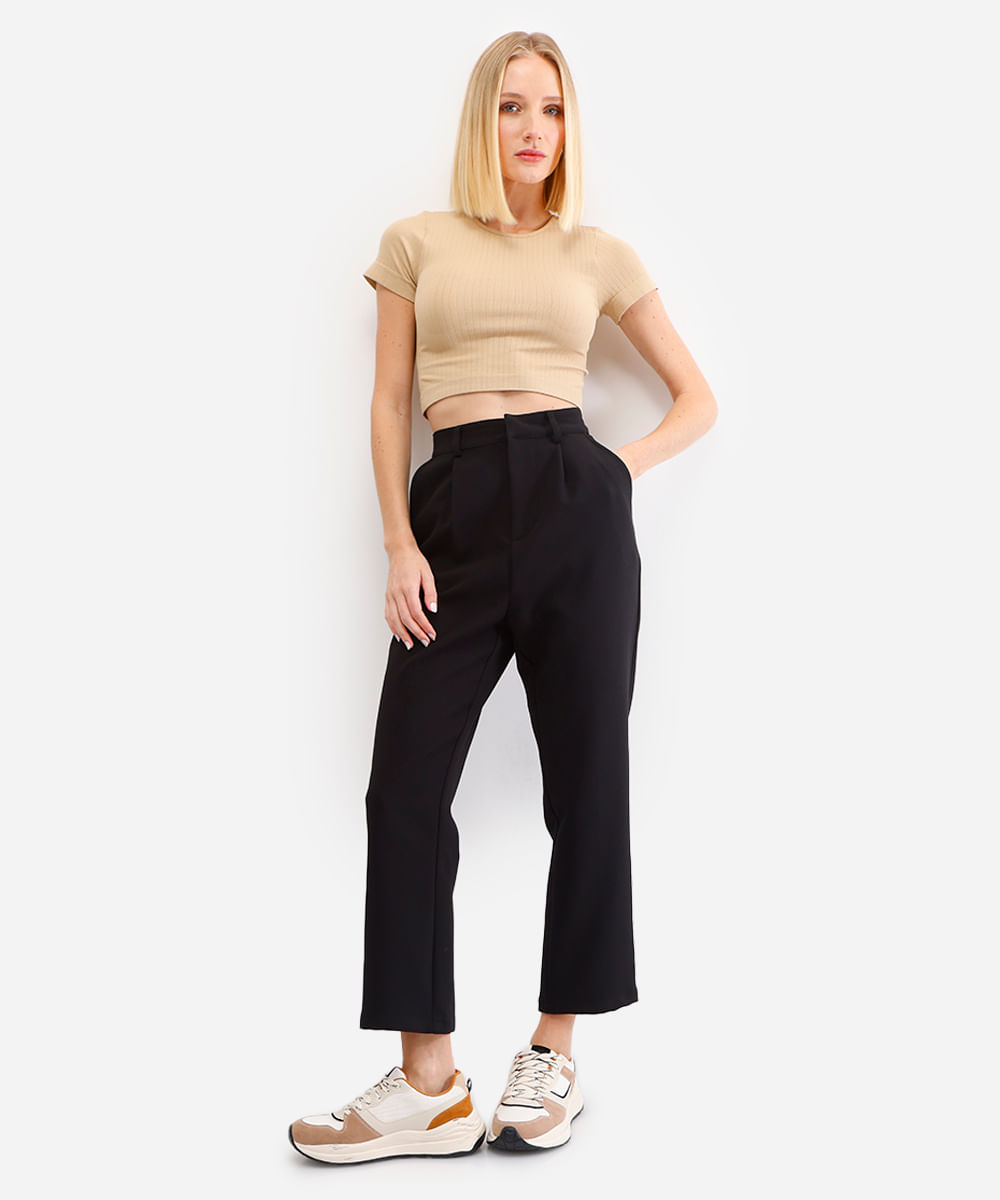 cropped básico feminino de poliamida canelado bege