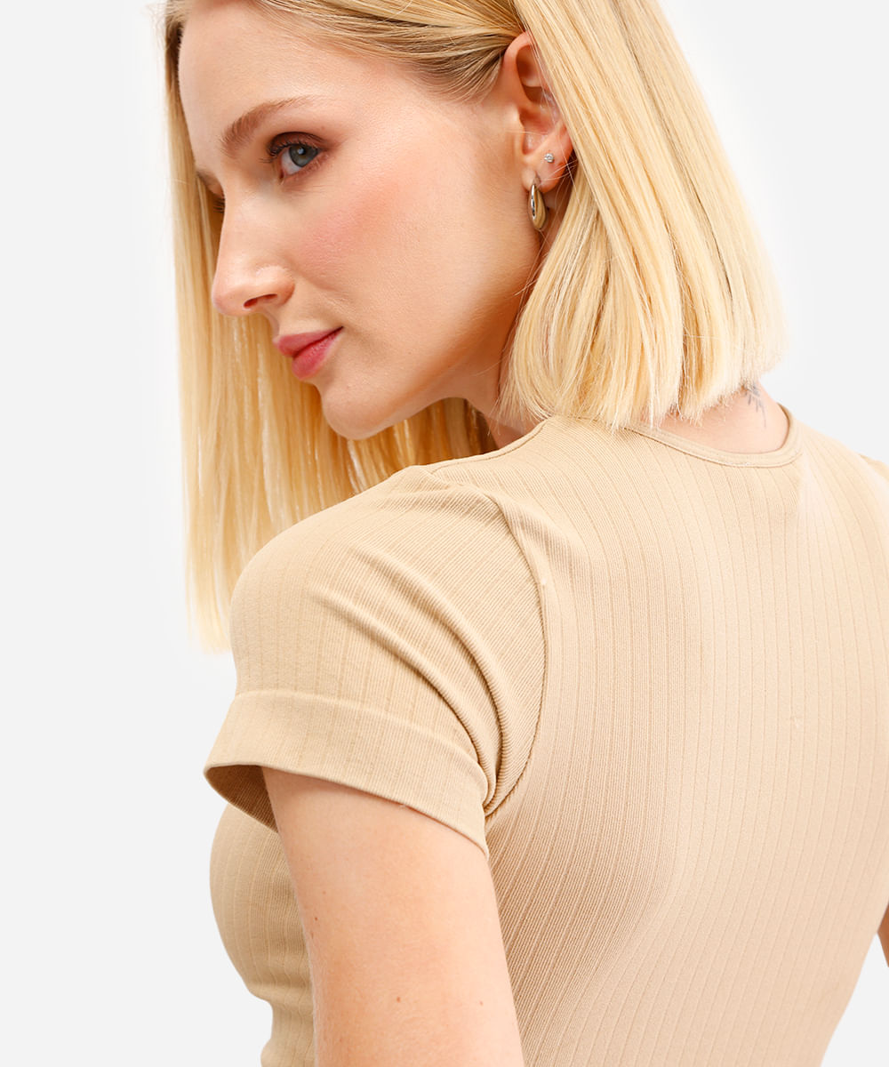 cropped básico feminino de poliamida canelado bege