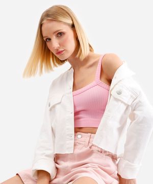 cropped feminino de poliamida canelado rosa