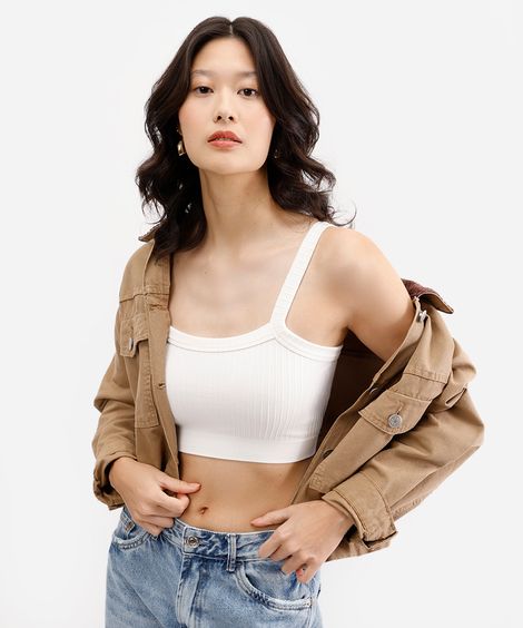 cropped feminino de poliamida canelado off white