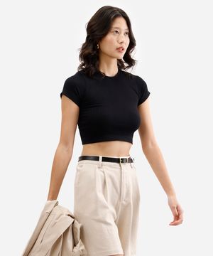 cropped básico feminino de poliamida canelado preto