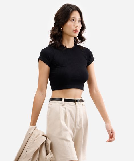 cropped básico feminino de poliamida canelado preto
