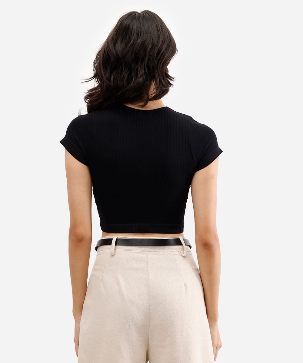 cropped básico feminino de poliamida canelado preto