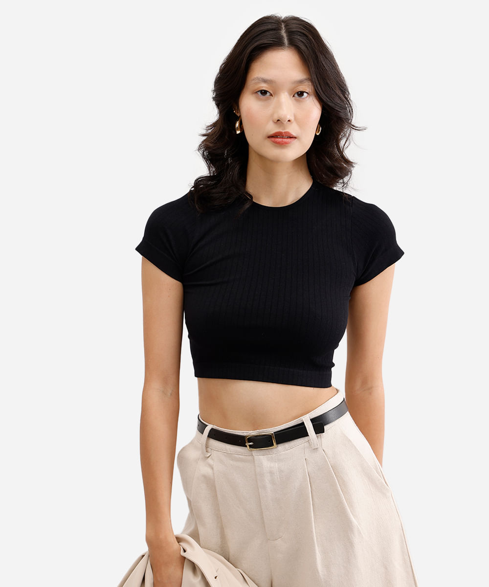 cropped básico feminino de poliamida canelado preto