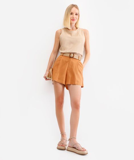 short com linho cintura alta e cinto marrom